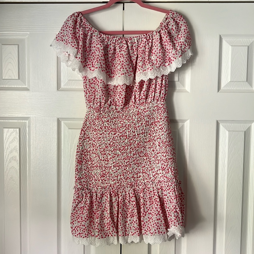 Stellah Pink White Off Shoulders Lace Floral Flower Print Dress M